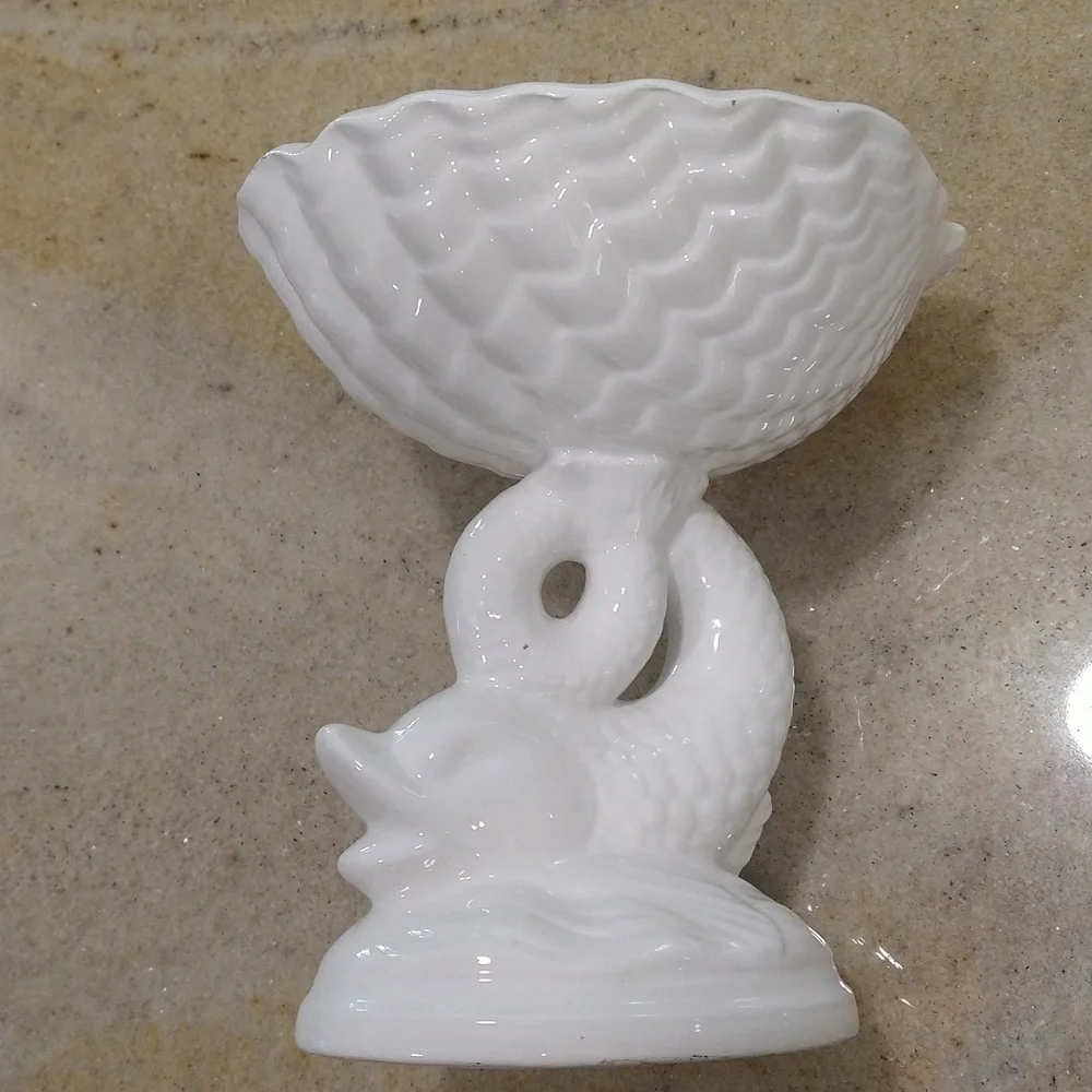 vintage Italian creamware ironstone White majolica dolphin dish Palm Beach